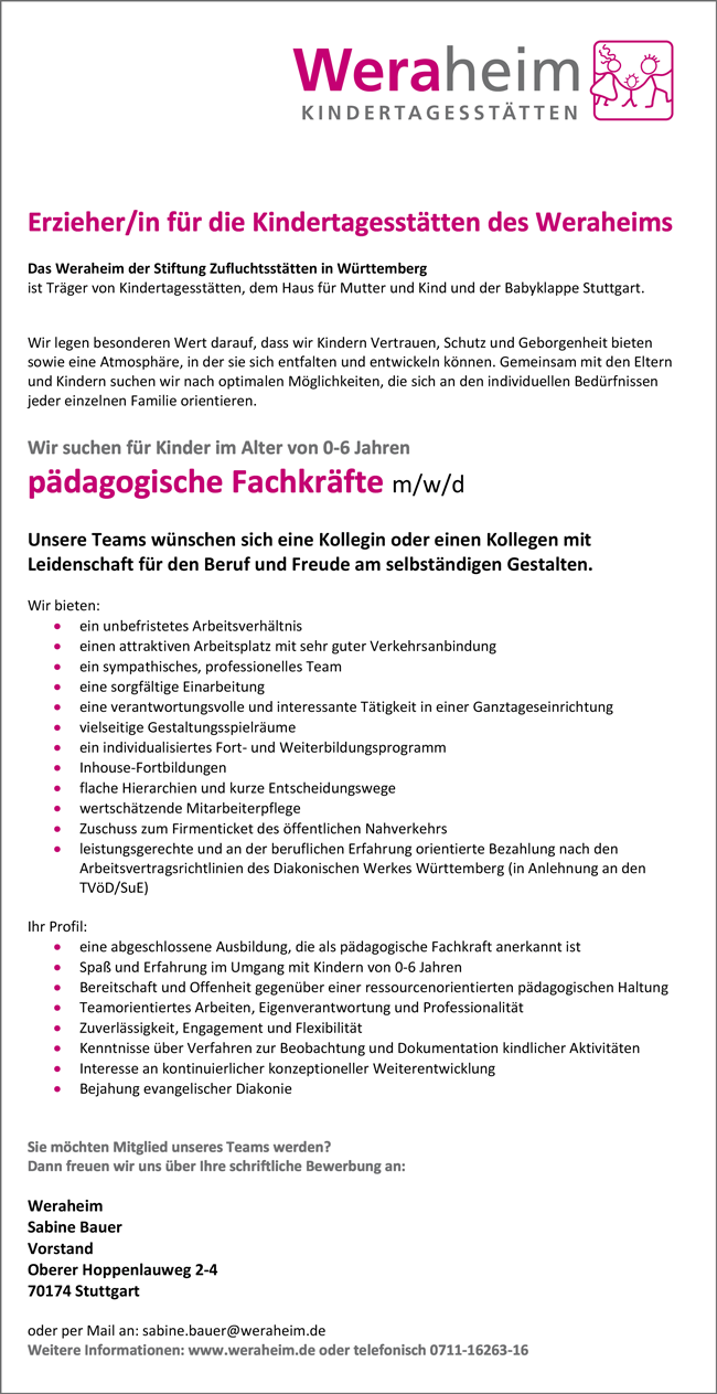 Erzieherin Erzieher Fur Die Kindertagesstatten Des Weraheims